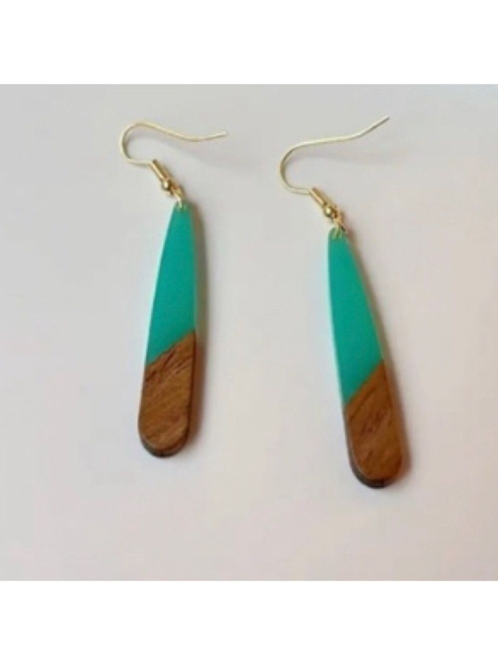 Wood Turquoise Resin Two Tone Tear Drop Dangle Earrings Boho - Picture 2 of 5